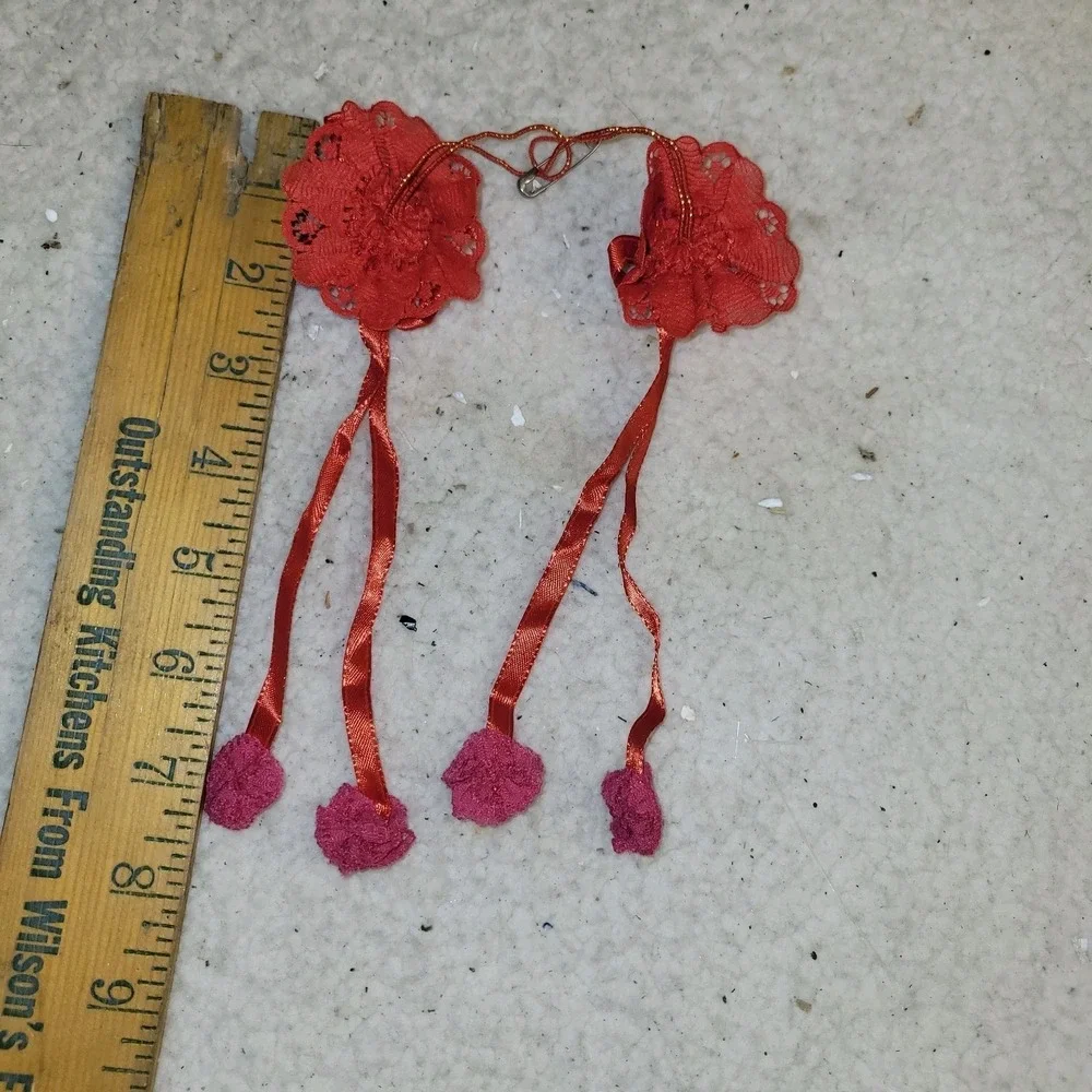 Vintage Red Satin Lace Hair Clips Kitty Charm Ribbon‎ Barrettes Set